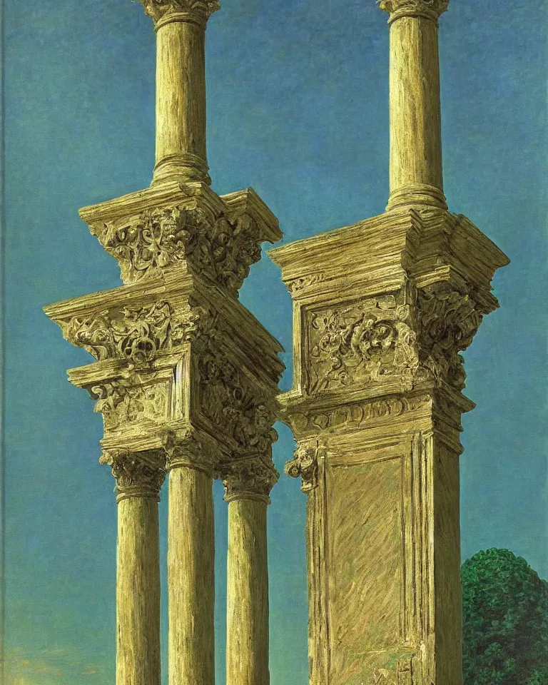 Prompt: achingly beautiful painting of intricate ancient roman corinthian capital on emerald background by rene magritte, monet, and turner. giovanni battista piranesi.