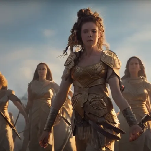 Image similar to the goddesses fraya going to war with her army of valkyries, golden hour, 8 k uhd, high detail, awe - inspiring.