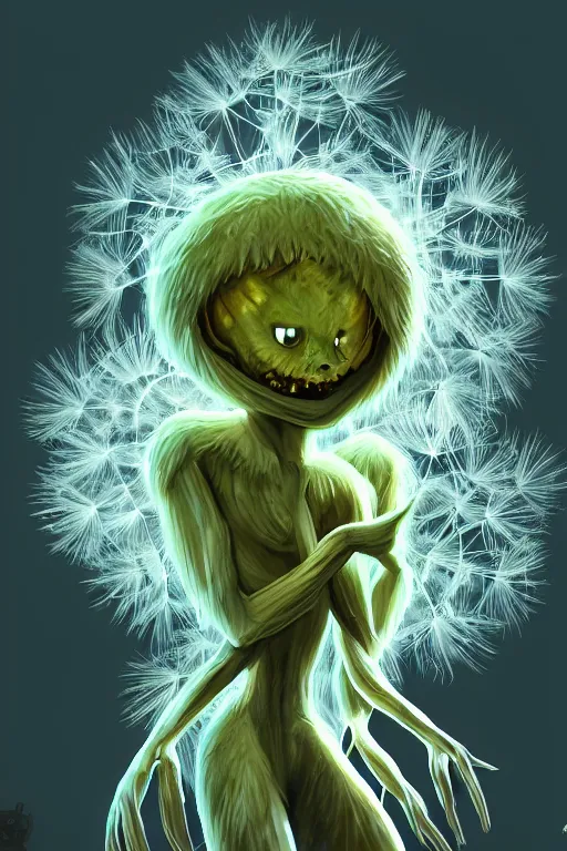 Prompt: a glowing humanoid figure dandelion monster with large eyes, highly detailed, digital art, sharp focus, trending on art station, artichoke, anime art style