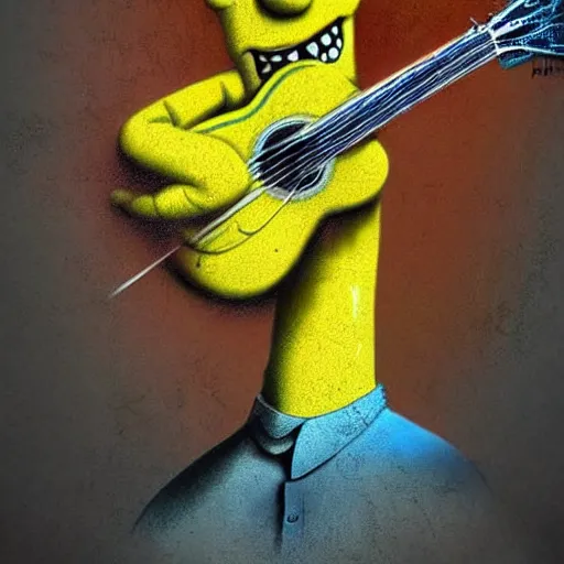 Image similar to surrealism grunge cartoon portrait sketch of bart simpson with a wide smile and a guitar by - michael karcz, loony toons style, the conjuring style, detailed, intricate