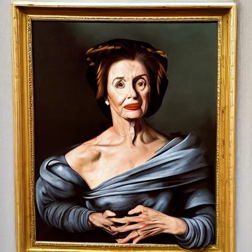 Image similar to Portrait of Nancy pelosi as Medusa in style of Caravaggio