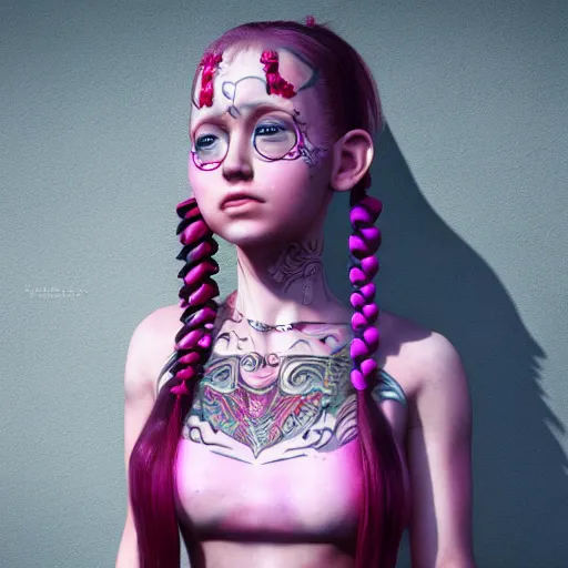 Image similar to An octane 3d render of a girl with pink pigtails, and face tattoos, 8d, HD, hyper detailed, intricate details, photorealistic, dynamic lighting, stunning visuals, creative, trending on art station,