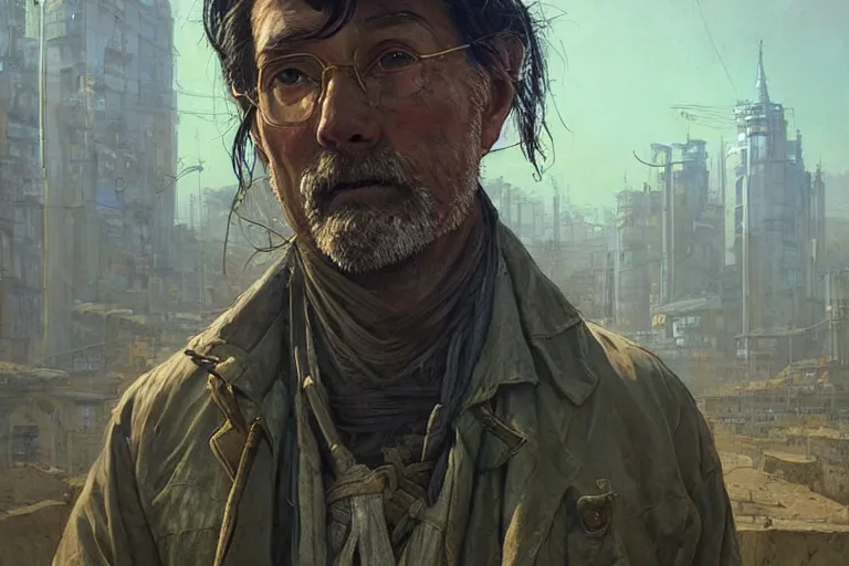 Prompt: A solarpunk very highly detailed farmer with very highly detailed face on the street of a very highly detailed smooth solarpunk city digital concept art by Greg Rutkowski, neofuturistic highly detailed, digital concept art, Dimensional cyan gold natural light, sharp focus, Golden Ratio illustration, realistic concept art by Stephen Hickman and James Gurney and Hiromasa Ogura Ghost in the Shell rendered in Octane Render, From the distance