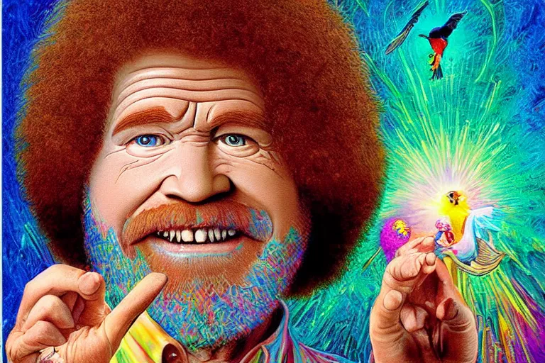 Image similar to bird's eye view of a god transubstantiating into a human being, highly detailed, realistic, as drawn by bob ross and lisa frank