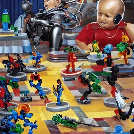 Image similar to uaddam hussein playing with bionicles, realistic, hyperdetailed