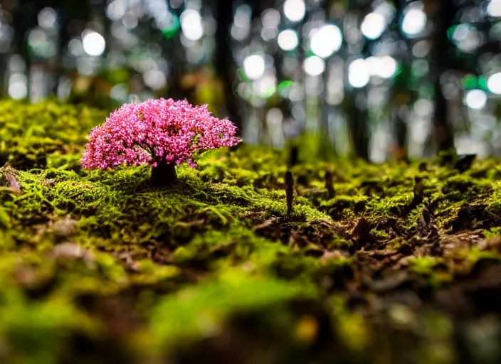 Image similar to a fantasy forest on an alien planet with delicate flowers and mushrooms that glow in the dusk, macro close up, bokeh,