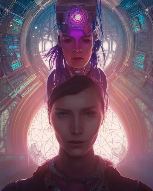 Image similar to highly detailed surreal vfx portrait of a female cyberpunk mage in a majestic castle by golden tree, stephen bliss, unreal engine, greg rutkowski, loish, rhads, beeple, makoto shinkai and lois van baarle, ilya kuvshinov, rossdraws, tom bagshaw, alphonse mucha, global illumination, detailed and intricate environment