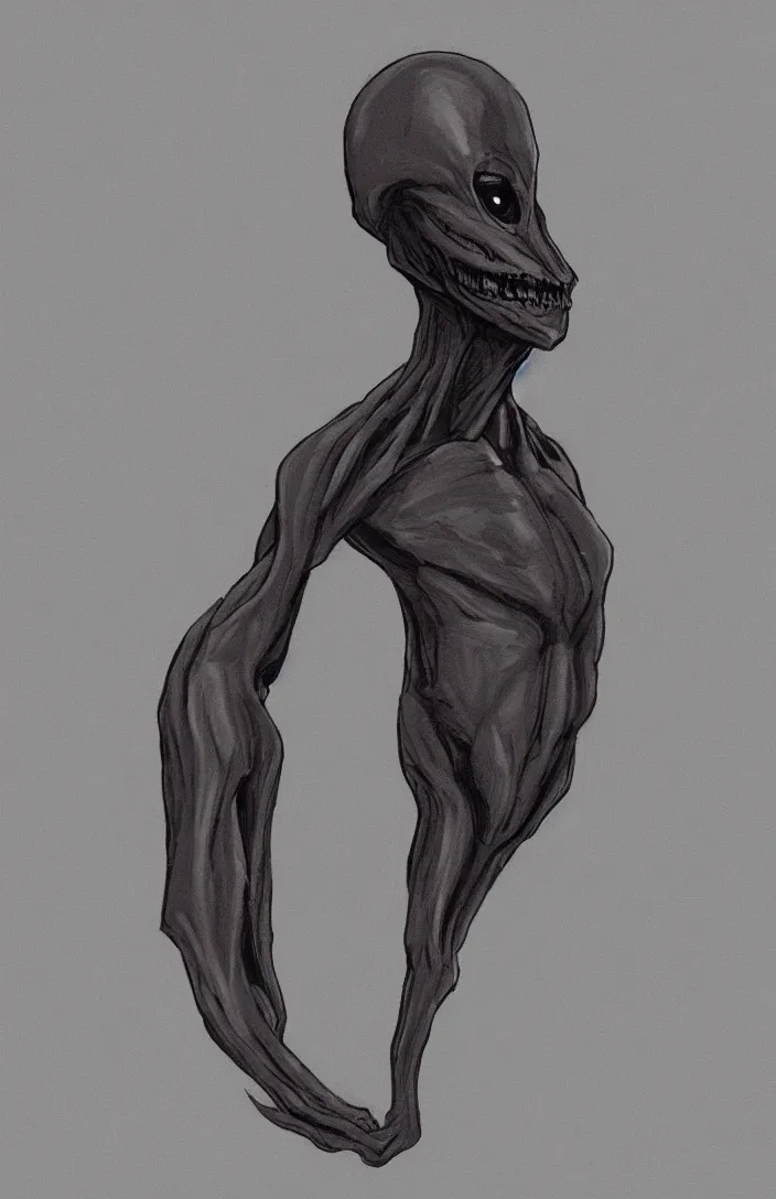 Image similar to concept art of a dark grey skinned humanoid squid man, lovecraftian, alien like, dark grey skinned, long faced, in dark clothes in a dark room, orange eyes, elegant, angry, facing the viewer