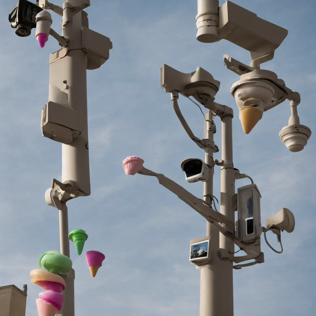 Prompt: color photograph of grotesque levitating ice cream cone with embedded surveillance cameras