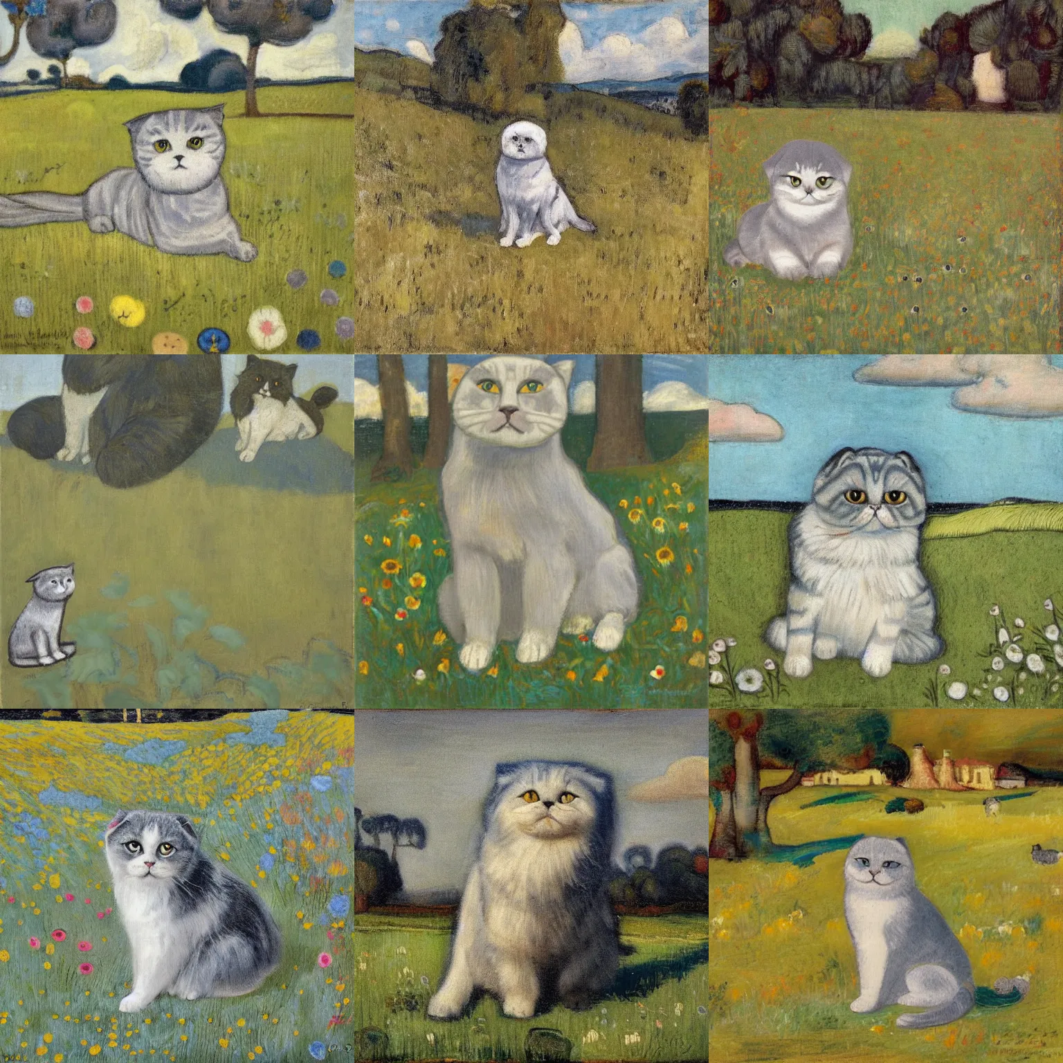 Prompt: a gray scottish fold sitting in the middle of sunny meadow, by gustave de smet