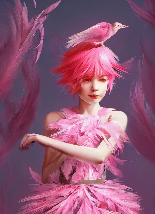 Prompt: beautiful little girl with an pink eccentric haircut wearing an dress made of feathers dancing on stage, artwork made by ilya kuvshinov, inspired in donato giancola, hd, ultra realistic, reflection, flowers, light, realistic face, bird, trending on pixiv, 8 k, ray tracing