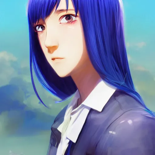 Image similar to profile shot of rimuru tempest averting his gaze, sky blue hair, straight hair, pretty, long bangs, golden eyes, black jacket with white stripes, a high frilly collar | highly detailed, unreal engine 5, digital painting, concept art, cinematic, wlop | artgerm, pixiv, ilya kuvshinov, andy warhol