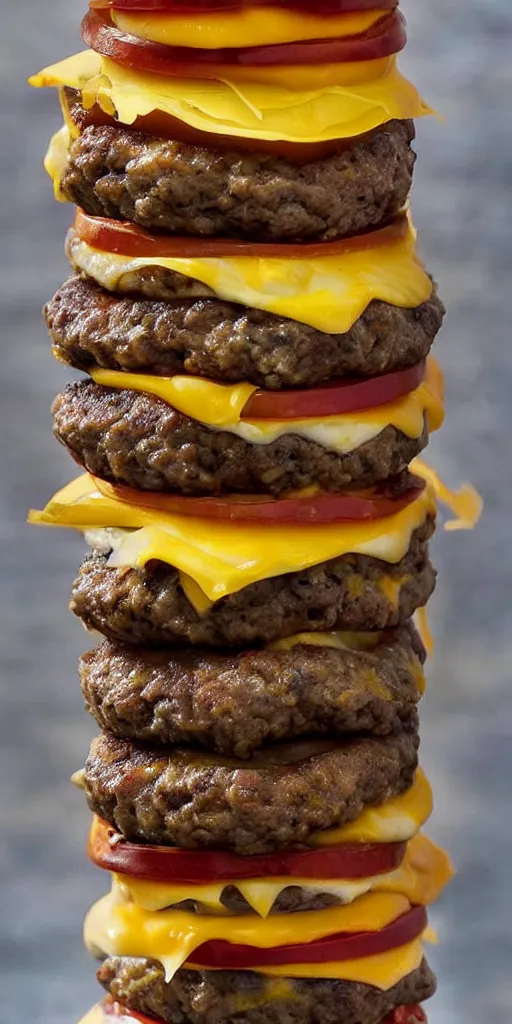 Image similar to a cheeseburger tower made of gigantic stacks of meat patties and cheese slices with a bun on each side, delicious looking burger - stack - tower