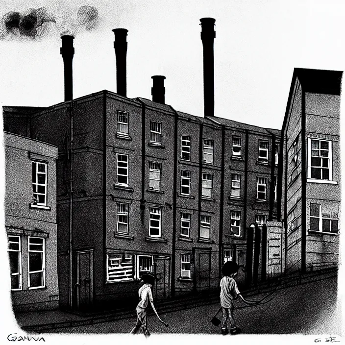 Prompt: [ sadie sink in dirty workmen clothes walks ] next to [ newcastle terraced housing ]. background : factory, dirty, polluted. technique : black and white pencil and ink. by gabriel hardman, joe alves, chris bonura. cinematic atmosphere, detailed and intricate, perfect anatomy