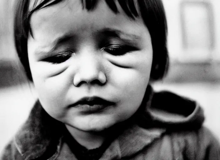Prompt: high _ resolution _ black _ and _ white _ portrait _ with _ a _ 3 5 _ mm _ f _ 5. 0 _ lens _ of _ a _ child _ in _ soviet _ russia _ with _ closed _ eyes _ and _ a _ sad _ face _ about _ to _ cry.