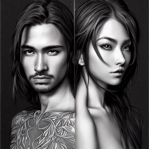 Image similar to perfectly centered symmetrical split male and female portrait of man and woman in love sharing one heart ; art by artgerm, photorealistic, highly detailed ; trending on artstation