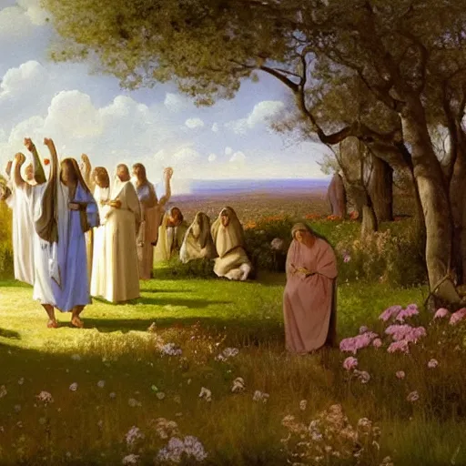 Prompt: A painting depicting the resurrection of Jesus Christ, (Jean Jules Linden), Peter Ilsted, (((flowers)))