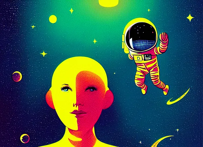 Image similar to portrait of a young astronaut girl on a spacewalk, colorful, modern art deco, mads berg, karolis strautniekas, stippled light, fine texture, editorial illustration, dramatic lighting, dynamic composition, detailed, matte print