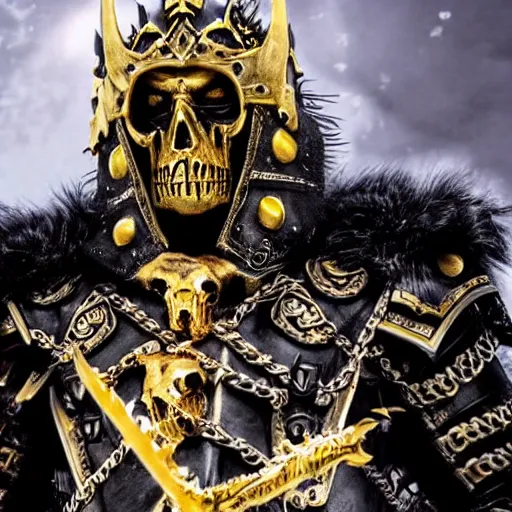 Image similar to lich king wearing black and gold armor with skulls and chains, holding a two handed sword with golden handle, wearing spiky helmet with mask