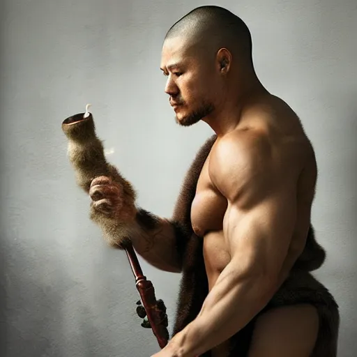 Image similar to antelope deer wolf reptile furry hairy fluffy bodybuilder wearing a monk robes holding incense burner. natural lighting by ruan jia, portrait