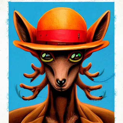 Image similar to a dik dik monster with tattoos wearing a fedora, colorful, digital art, fantasy, magic, trending on artstation, ultra detailed, professional illustration by basil gogos