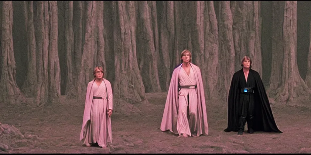 Image similar to screenshot from the film Star Wars The Lost Jedi 1982, of Luke Skywalker in dark jedi robe is lost on a surreal pink planet with black trees, minamilist 1980s sci fi film by Stanely Kubrick film, color kodak, Ektachrome, anamorphic lenses, detailed faces, hyper-realistic, photoreal, detailed portrait, moody award winning cinematography, beautiful lighting