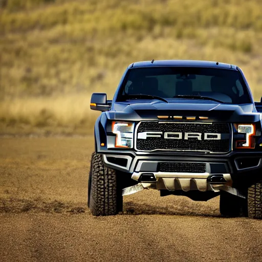 Image similar to a highly detailed photo of a black ford raptor in alberta at sundown, 4 k high - resolution photograph, ultra detail, hd photo