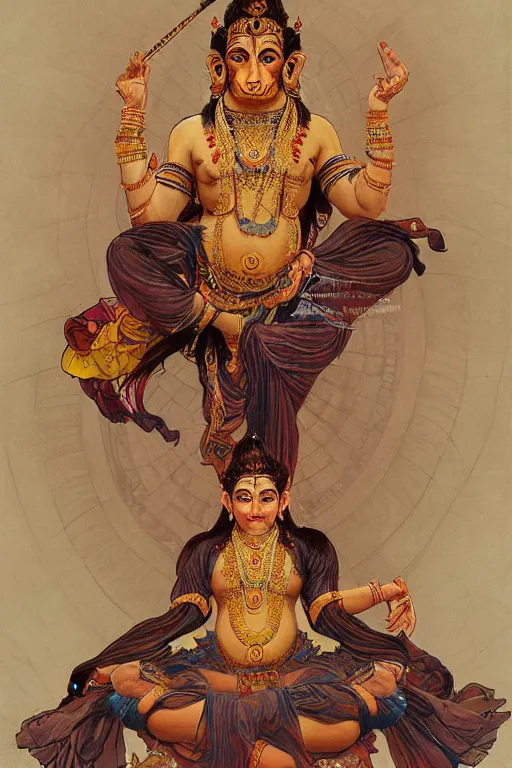 Image similar to a full body portrait of a beautiful ornated hanuman god, leaping pose, hindu stages of meditation, intricate, elegant, highly detailed, digital painting, artstation, concept art, smooth, sharp focus, line art illustration for tattoo, art by krenz cushart and artem demura and alphonse mucha