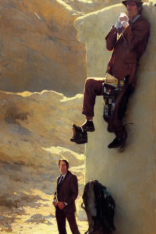 Image similar to saul goodman at a lonely!!!! pay phone in the desert!!!!, painting by'phil hale '!!! gaston bussiere, craig mullins, greg rutkowski, alphonse mucha,