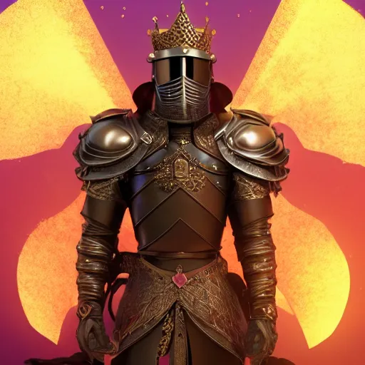 Image similar to a highly detailed knight with glowing purple eyes in a golden helmet and a golden crown with a diamond in the center, golden armor, leather clothes under the armor, leather gloves, holds a black sword, artstation, DeviantArt, professional, octane render, sunset lighting