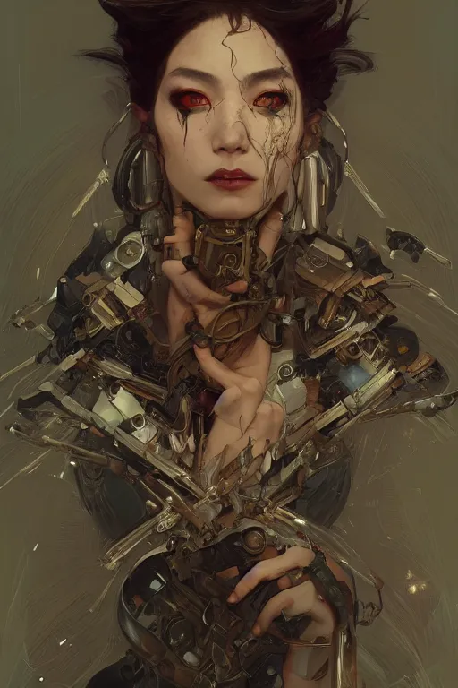 Image similar to A full portrait of a powerful beautiful futuristic dystopian junktown Japanese necromancer sorcerer enchanter, intricate, elegant, highly detailed, digital painting, artstation, concept art, smooth, sharp focus, illustration, art by Krenz Cushart and Artem Demura and alphonse mucha