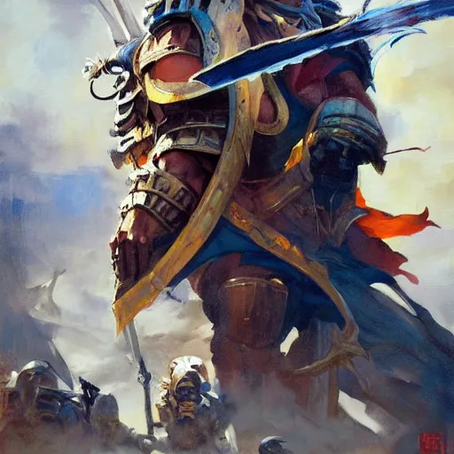 Prompt: greg manchess portrait of battle of horus lupercal and emperor of mankind, epic grimdark, fantasy, medium shot, asymmetrical, profile picture, organic painting, sunny day, matte painting, bold shapes, hard edges, street art, trending on artstation, by huang guangjian and gil elvgren and sachin teng