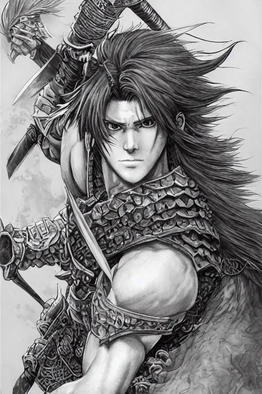 Image similar to A realistic anime portrait of a young handsome male barbarian with long wild hair, intricate fantasy spear, plated armor, D&D, dungeons and dragons, tabletop role playing game, rpg, jrpg, digital painting, by Yoshitaka Amano and Ayami Kojima and Akihiko Yoshida and Yusuke Murata and Kentaro Miura, concept art, highly detailed, promotional art, HD, digtial painting, trending on ArtStation, golden ratio, rule of thirds, SFW version