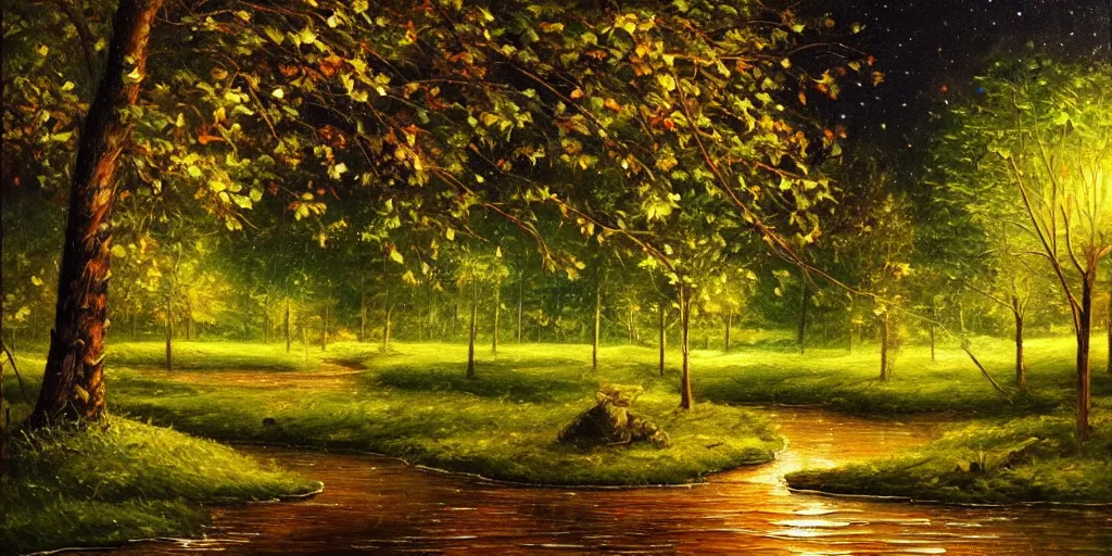 Image similar to nighttime nature landscape, lush, rich greenery, oil painting, ultra realistic, intricate, highly detailed, hd, sharp focus, warm colors, realistic, vivid colors, painting, non blurry, sharp, smooth, illustration