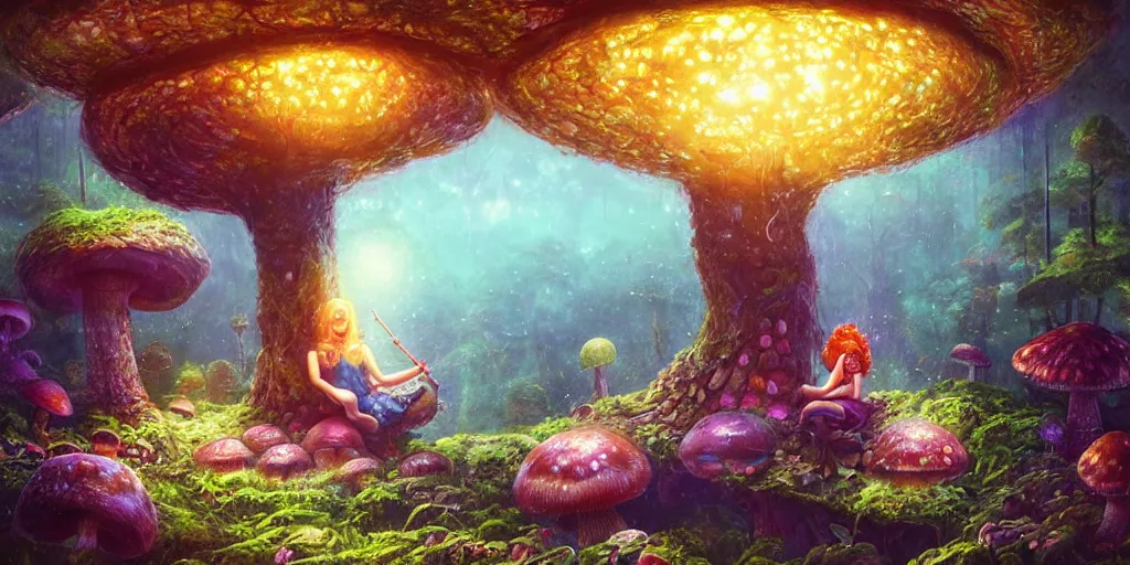 Image similar to ”young girl sitting by a mushroom and playing a flute, giant mushroom houses in a mysterious fantasy forest, [bioluminescense, rope bridges, art by wlop and paul lehr, cinematic, colorful]”