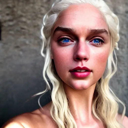 Image similar to a selfie of daenerys targaryen played by taylor swift, smooth skin, purple eye color, ethereal beauty, medium shot, detailed eyes, vivid, golden hour