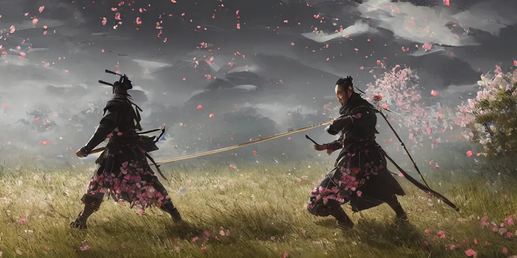 Prompt: an environmental concept art of ghost of tsushima, samurai duel, sakura petals blowing in the wind, highly detailed, directional light, cinematic by francis tneh