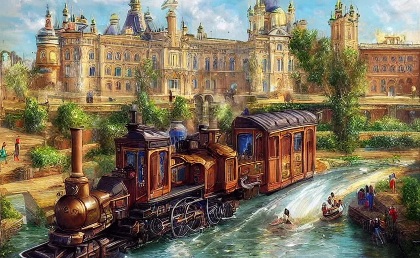 Image similar to Beautiful alchemy urban train that rides inside of a waterway on a fantasy city, next to a fountain and a mystical palace. By Konstantin Razumov, highly detailded