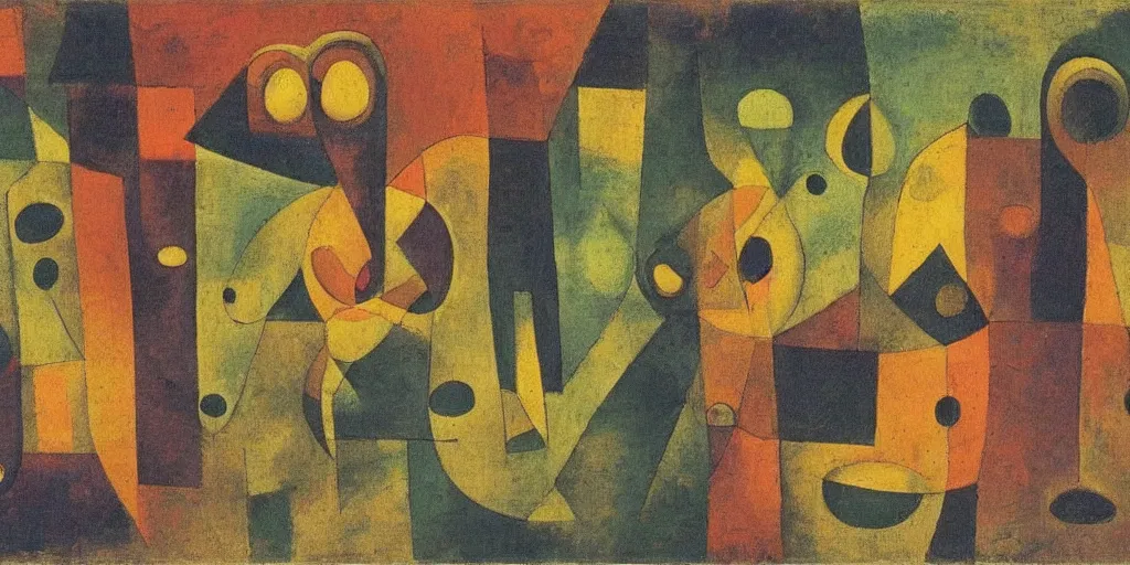 Prompt: oil painting of strange beings in a common space, Paul Klee