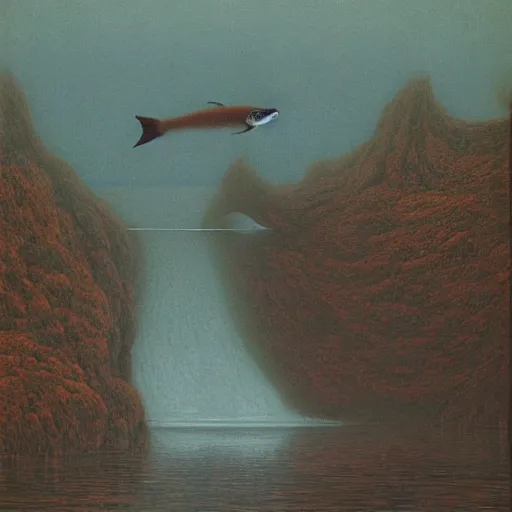 Image similar to salmon jumping out of a river by zdzisław beksinski