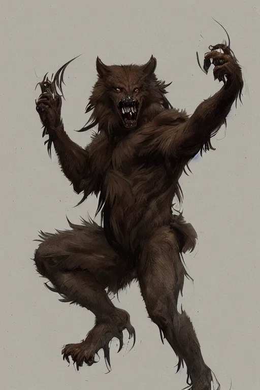 Image similar to fullbody portrait of a male werewolf, bared teeth, long claws, dark forest at night, by greg rutkowski and alphonse mucha, gradient brown to silver, highly detailed, digital painting, artstation, concept art, smooth, sharp focus illustration