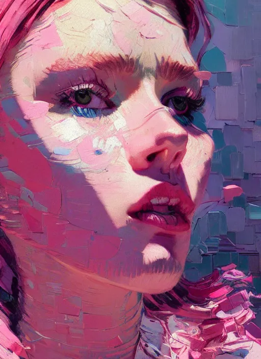 Image similar to portrait of a beautiful girl, happy, eyes closed, open mouth, shades of pink, beautiful face, rule of thirds, intricate outfit, spotlight, by greg rutkowski, by jeremy mann, by francoise nielly, by van gogh, digital painting
