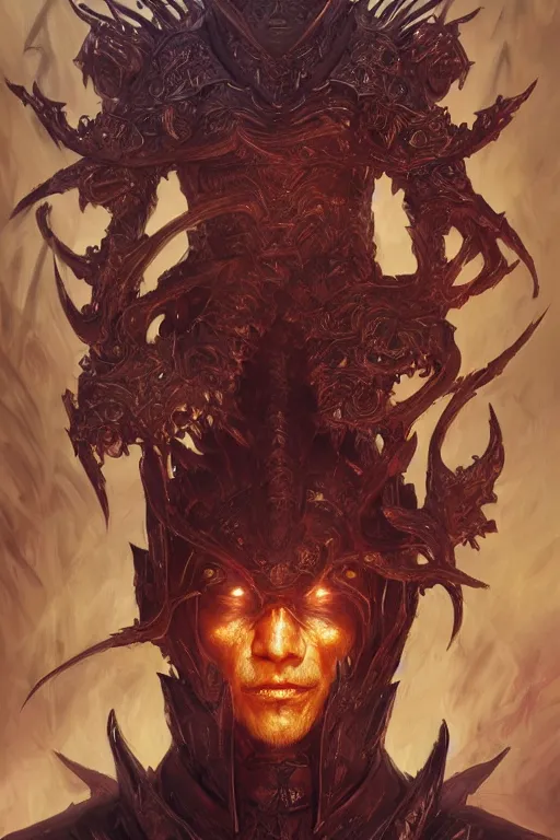 Prompt: portrait of the Demon King, demonic armor, demonic crown, fantasy, intricate, realistic, cinematic lighting, highly detailed, digital painting, Artstation, concept art, smooth, sharp focus, illustration, art by Artgerm and Greg Rutkowski and Alphonse Mucha, in style of Yoshitaka Amano
