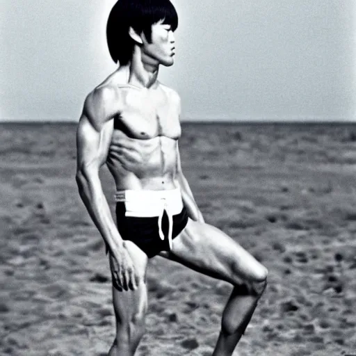 Prompt: bruce lee meditating on the beach