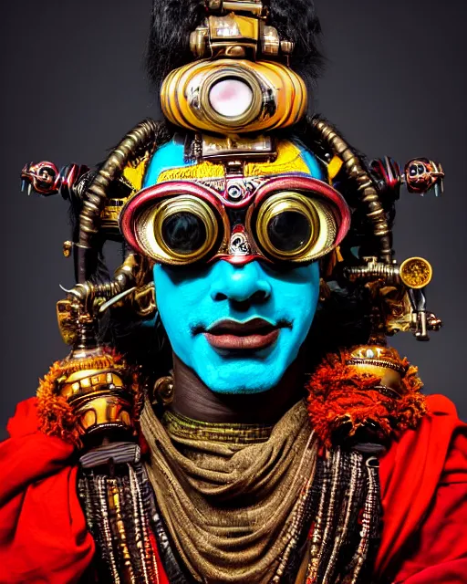 Prompt: photo of a Dramatic Kathakali male character with painted face wearing futuristic MadMax style steampunk goggles and steampunk robot armour with wide skirt in the style of stefan kostic, full body, realistic, sharp focus, symmetric, 8k high definition, insanely detailed, intricate, elegant, art by stanley lau and artgerm, Hajime Sorayama, William-Adolphe Bouguereau