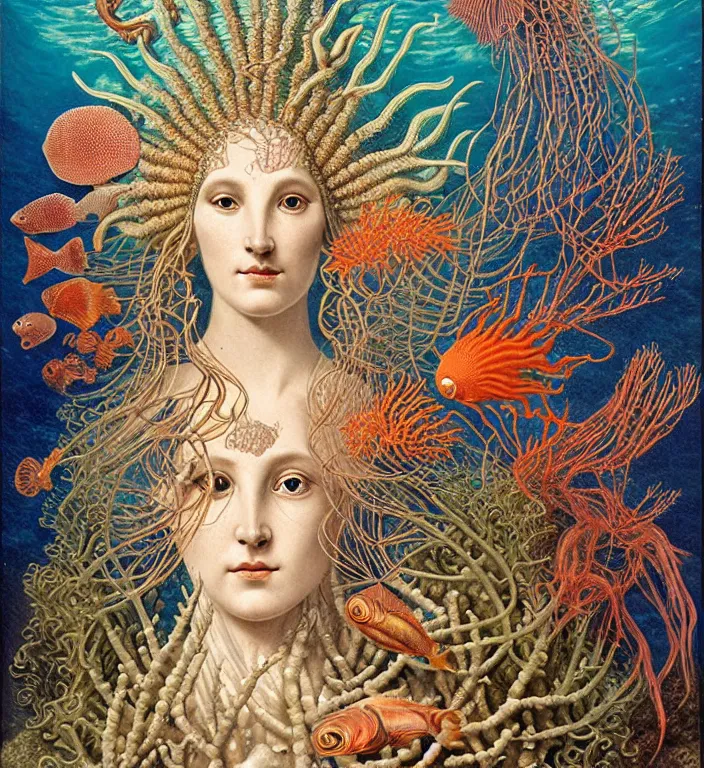 Prompt: realistic detailed underwater portrait of the goddess of the fish of the three times with an intricate headdress of corals, sea kelp, sea plants, fish, jellyfish, art by archimboldo and ernst haeckel, face in focus in the middle, neo - gothic, gothic,