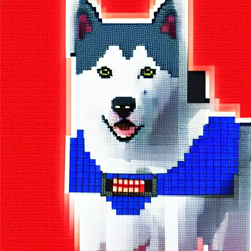 Image similar to husky dog in a dress shirt, pixel art, blue and red gradient background