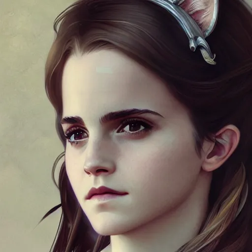 Prompt: a beautiful portrait of emma watson with cat ears, neko girl, fantasy, intricate, elegant, highly detailed, digital painting, artstation, concept art, matte, sharp focus, illustration, art by greg rutkowski and alphonse mucha