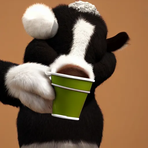 Image similar to cute furry cow character with a cup of coffee on top of his head, 3d render by Pixar, raytracing, 4k, dynamic lighting