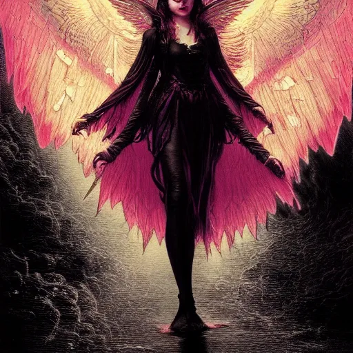 Prompt: young vampire princess with burning wings 4 k high definition colorful pink and black dramatic lighting artstation trending path traced contrast light and dark cinematic breathtaking by gustave dore, noriyoshi ohrai, patrick woodroffe, and hans zatzka